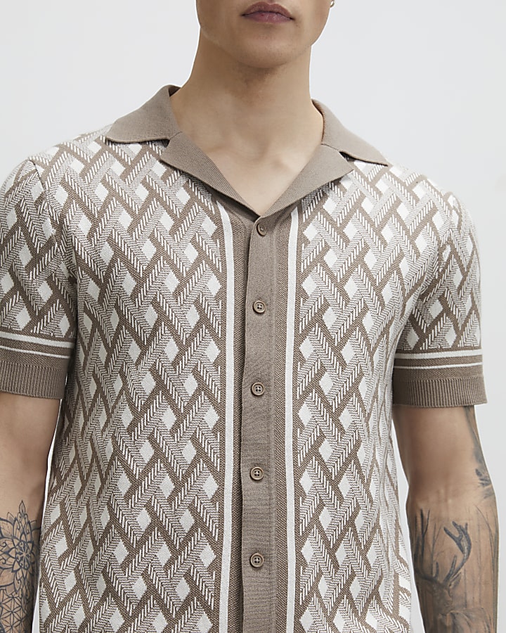 Beige Geometric Knitted Shirt