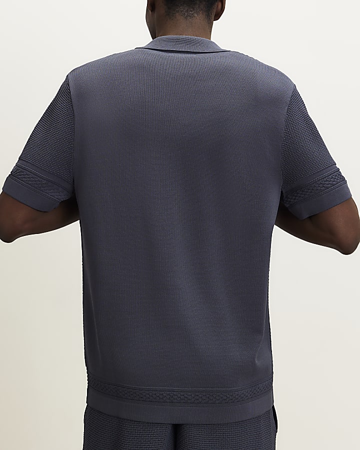 Blue Slim Fit Textured Knitted Shirt