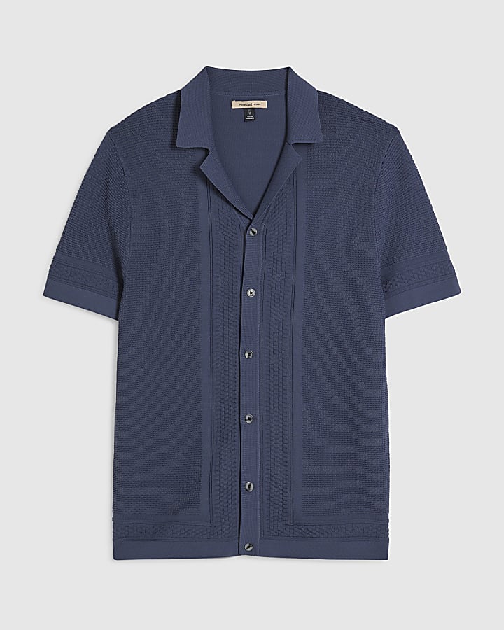 Blue Slim Fit Textured Knitted Shirt