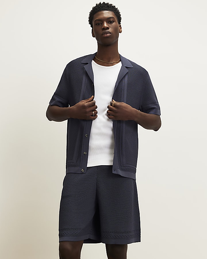 Blue Slim Fit Textured Knitted Shirt