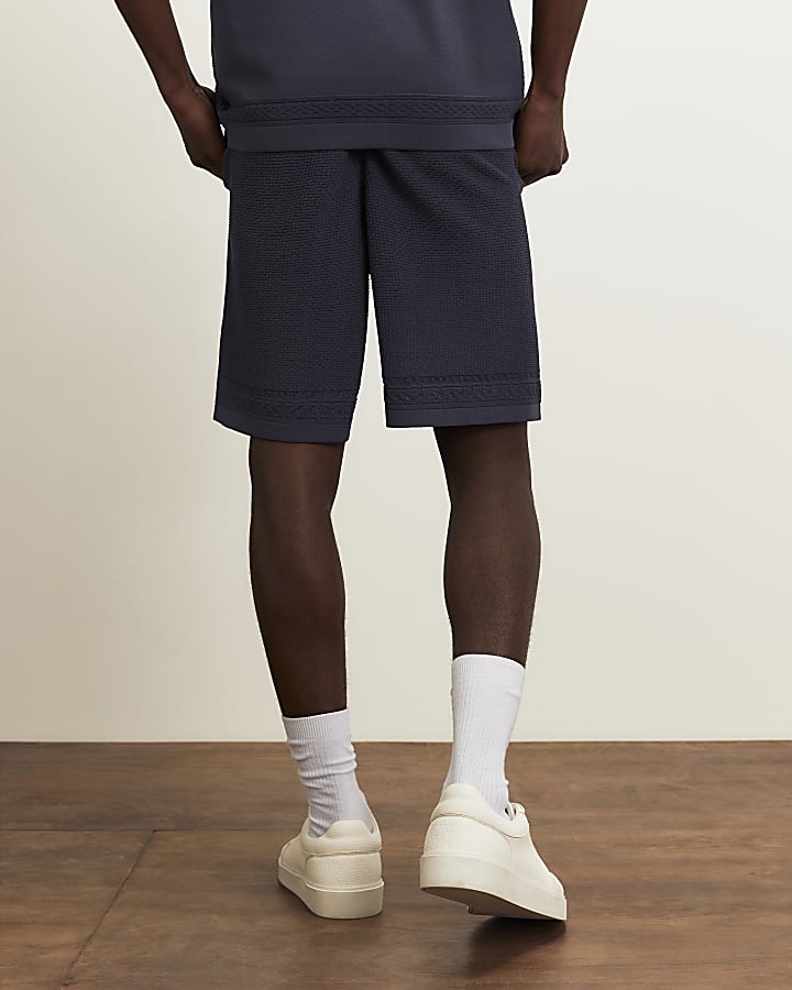 Blue Slim Fit Textured Knitted Shorts