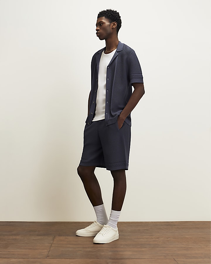 Blue Slim Fit Textured Knitted Shorts