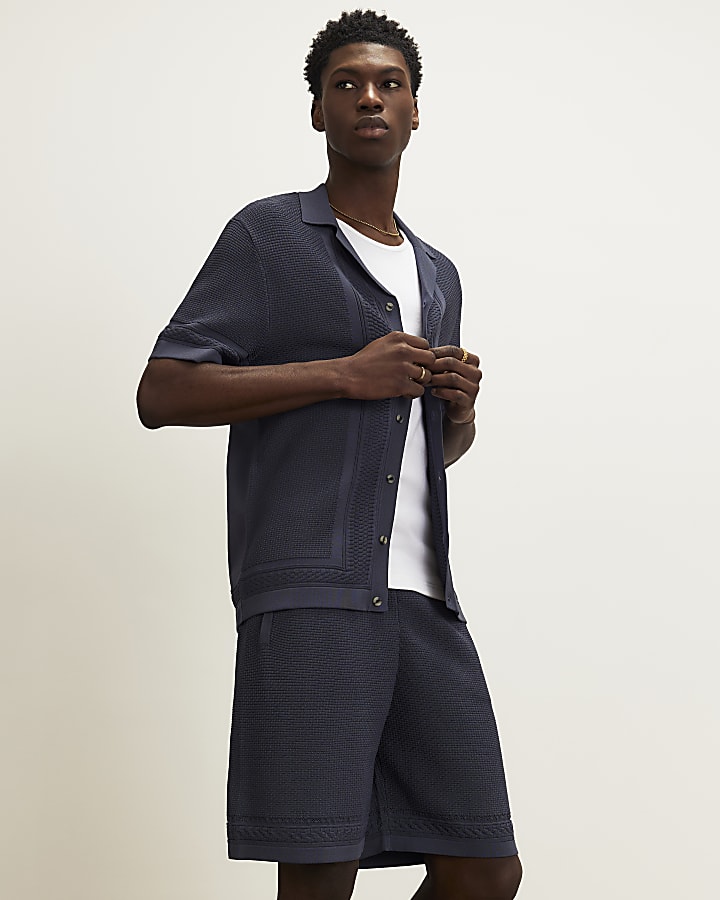 Blue Slim Fit Textured Knitted Shorts