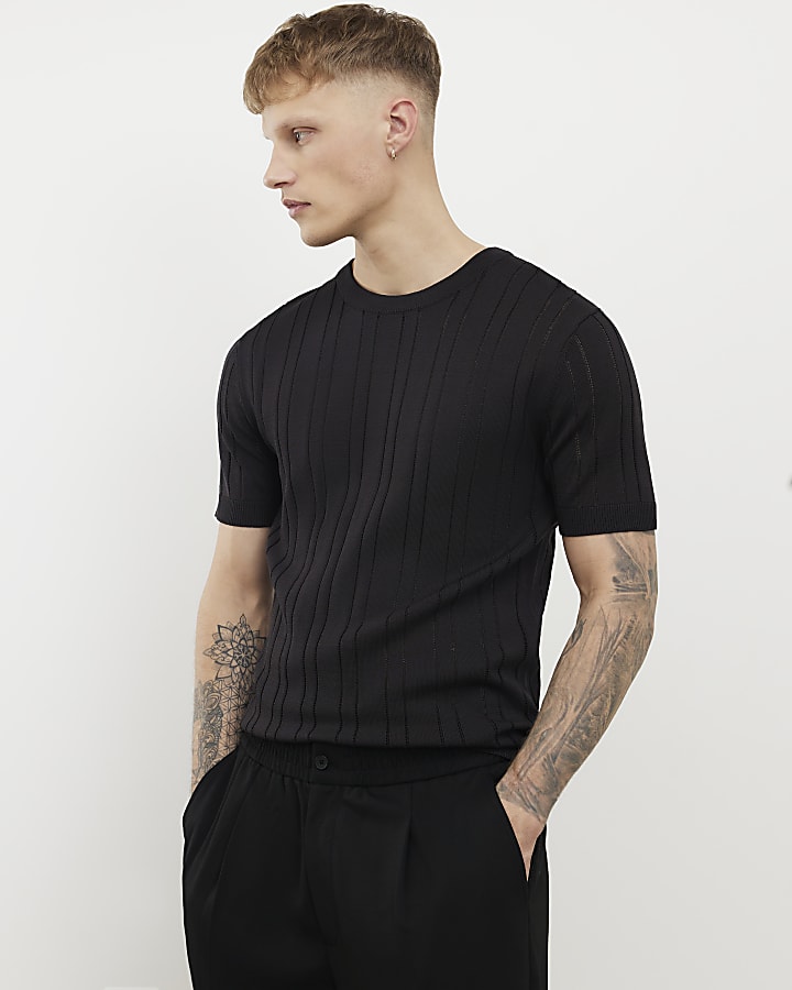 Black Slim Fit Ribbed T-Shirt