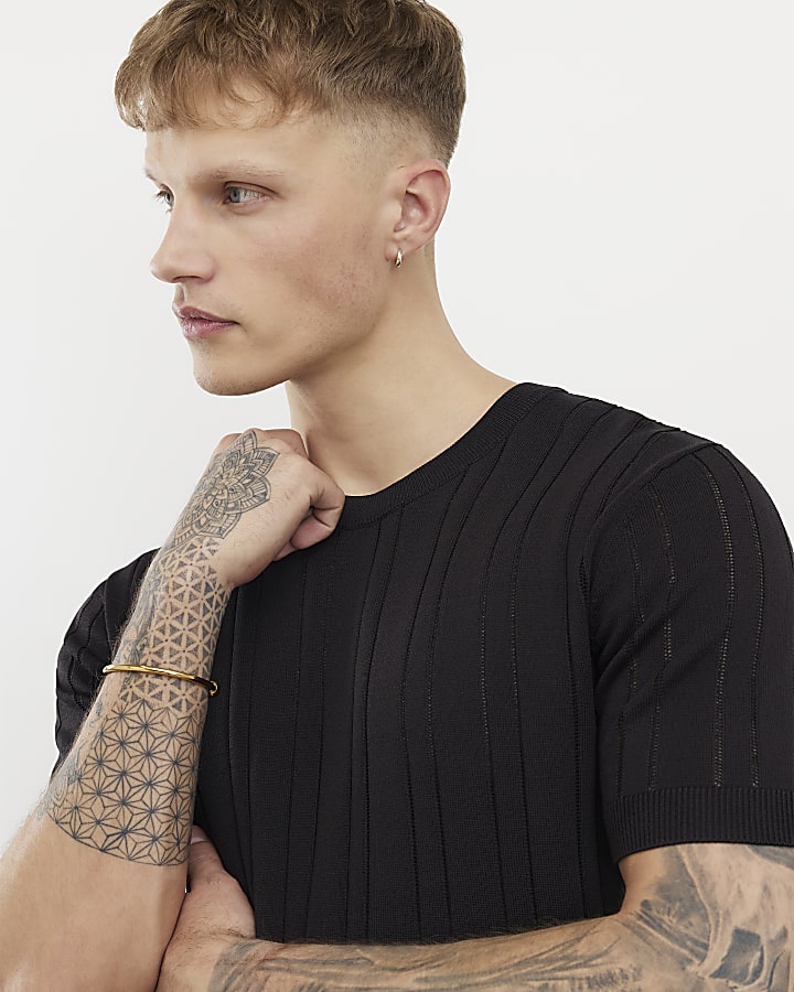 Black Slim Fit Ribbed T-Shirt