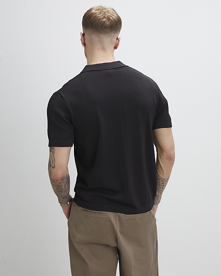 Black Slim Fit Open Neck Knitted Shirt