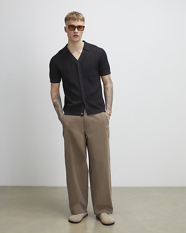 Black Slim Fit Open Neck Knitted Shirt