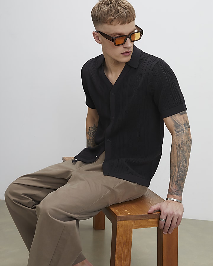 Black Slim Fit Open Neck Knitted Shirt