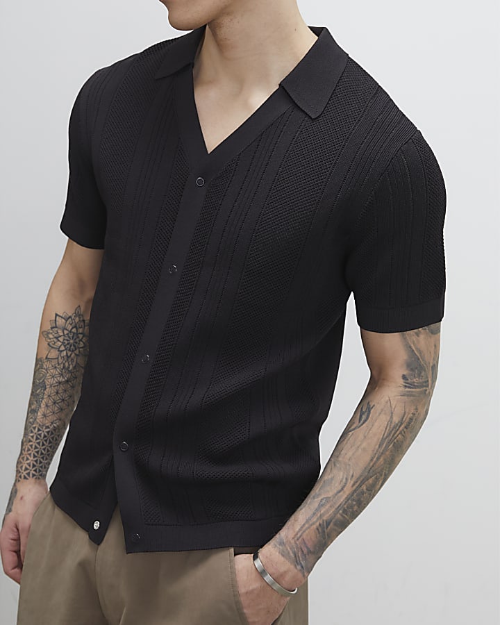Black Slim Fit Open Neck Knitted Shirt