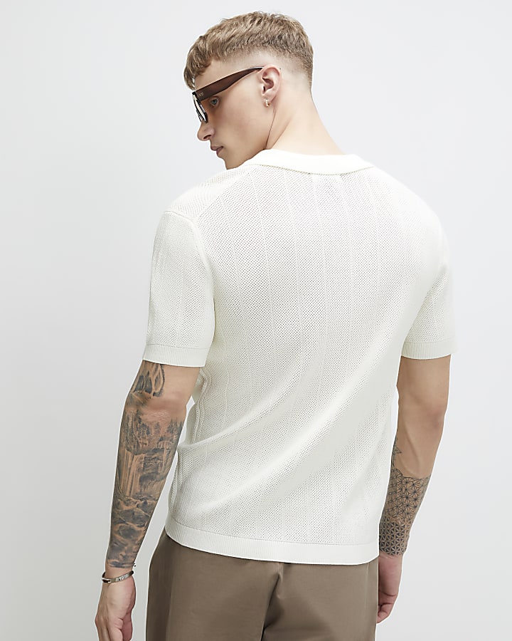 Cream Slim Fit Knitted Open Collar Polo Shirt