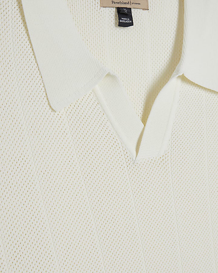 Cream Slim Fit Knitted Open Collar Polo Shirt