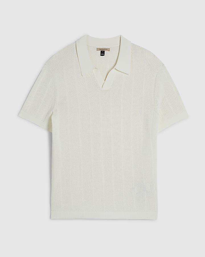 Cream Slim Fit Knitted Open Collar Polo Shirt