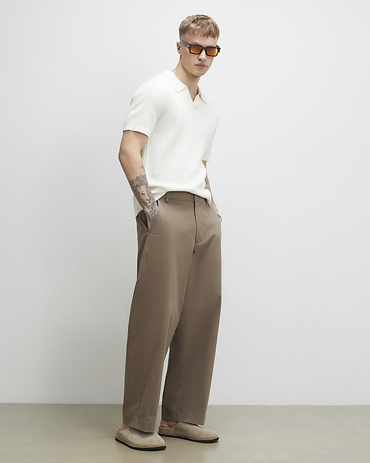 Cream Slim Fit Knitted Open Collar Polo Shirt