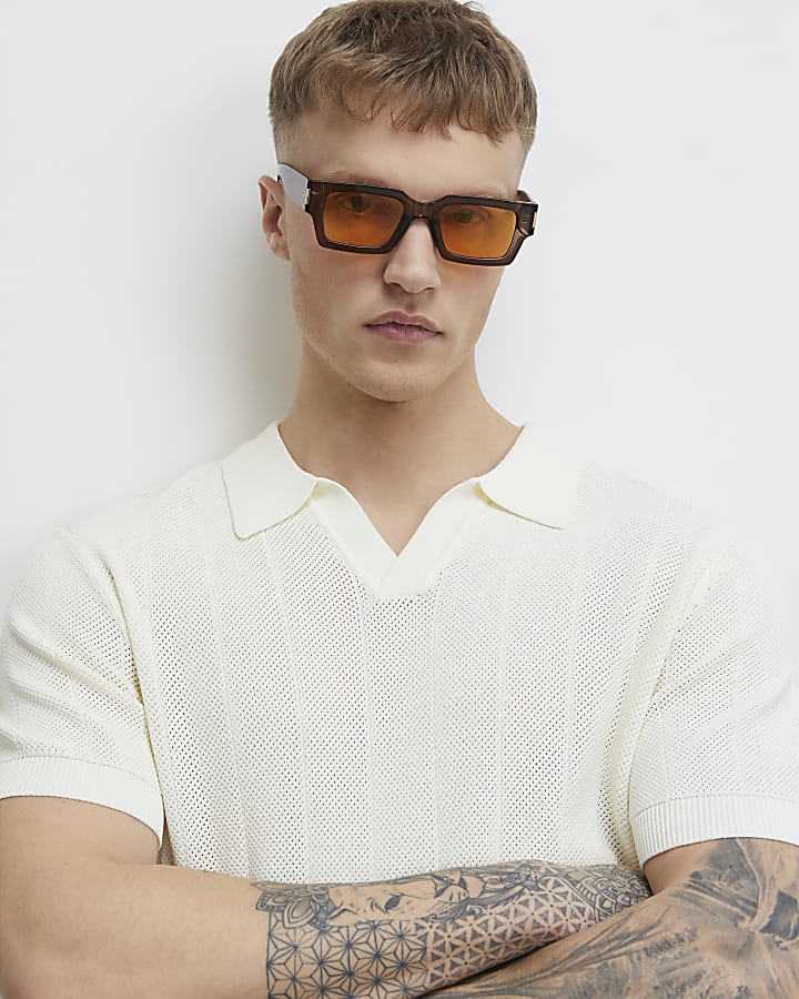 Cream Slim Fit Knitted Open Collar Polo Shirt