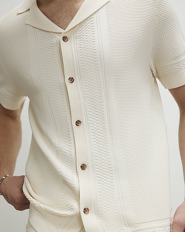 Cream Slim Fit Knitted Shirt