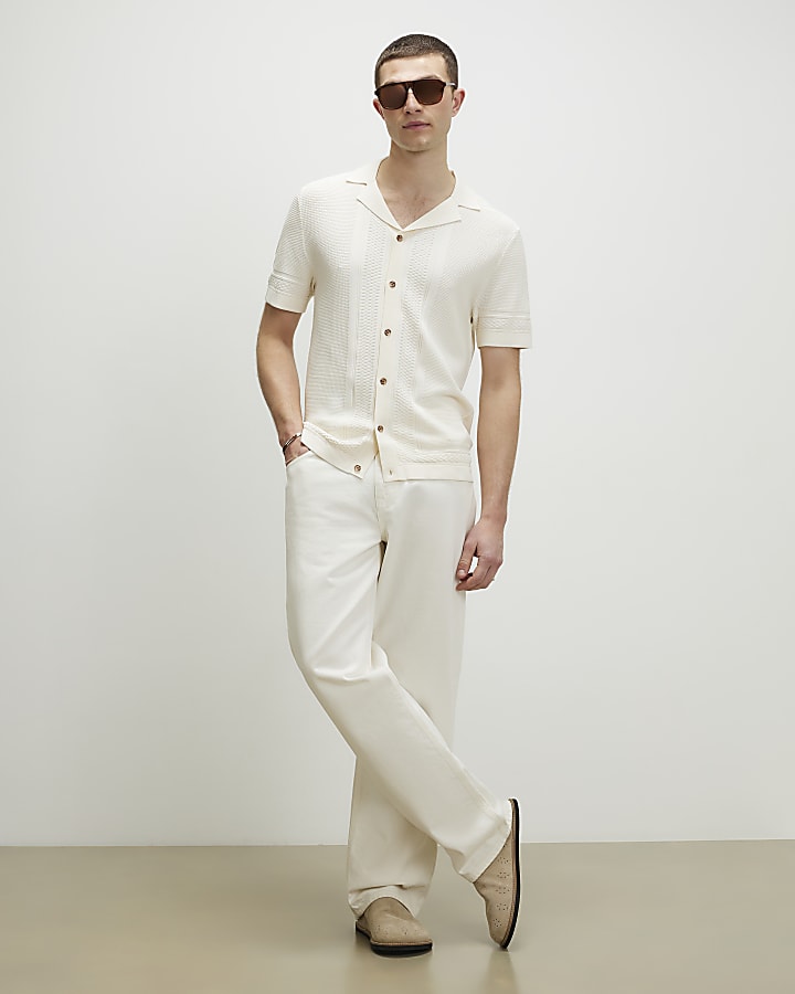 Cream Slim Fit Knitted Shirt