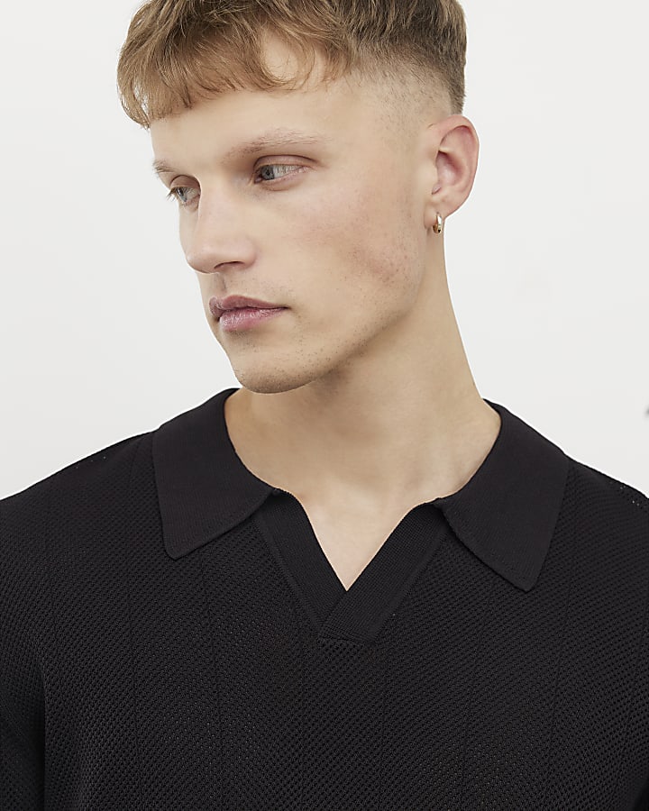 Black Slim Fit Open Collar Shirt