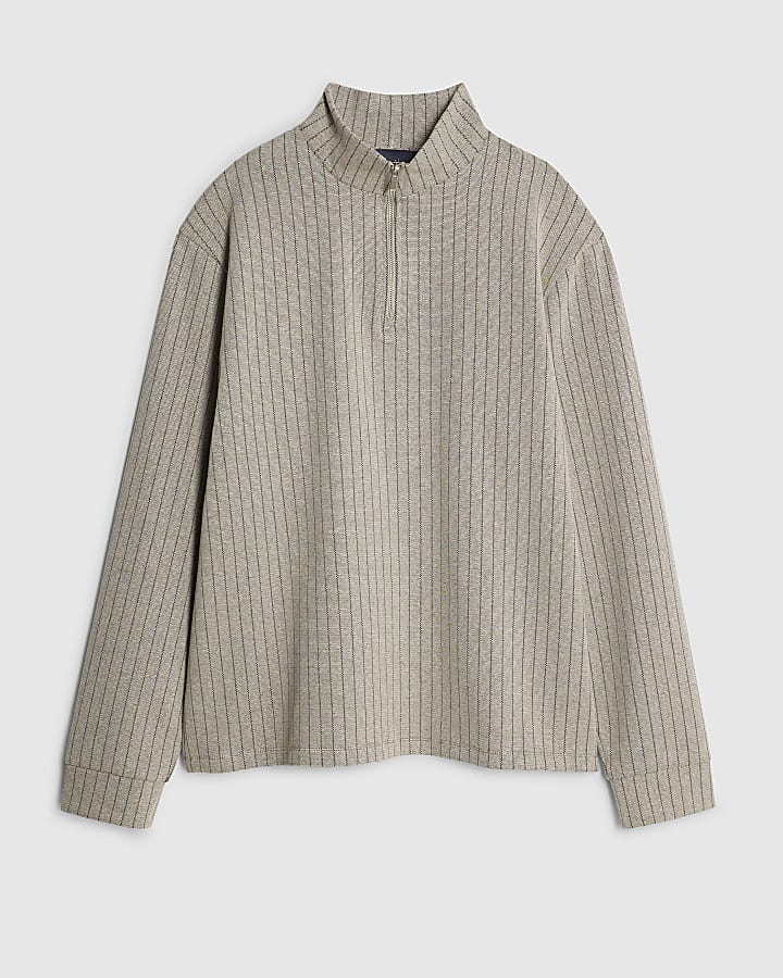 Stone Regular Fit Stripe Half Zip Sweatshirt