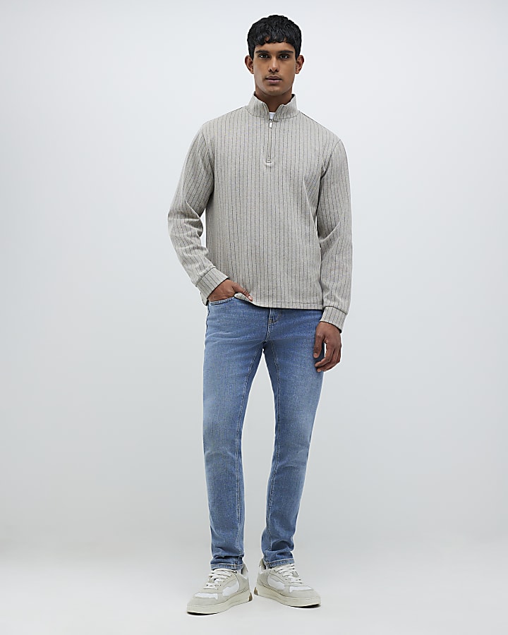 Stone Regular Fit Stripe Half Zip Sweatshirt
