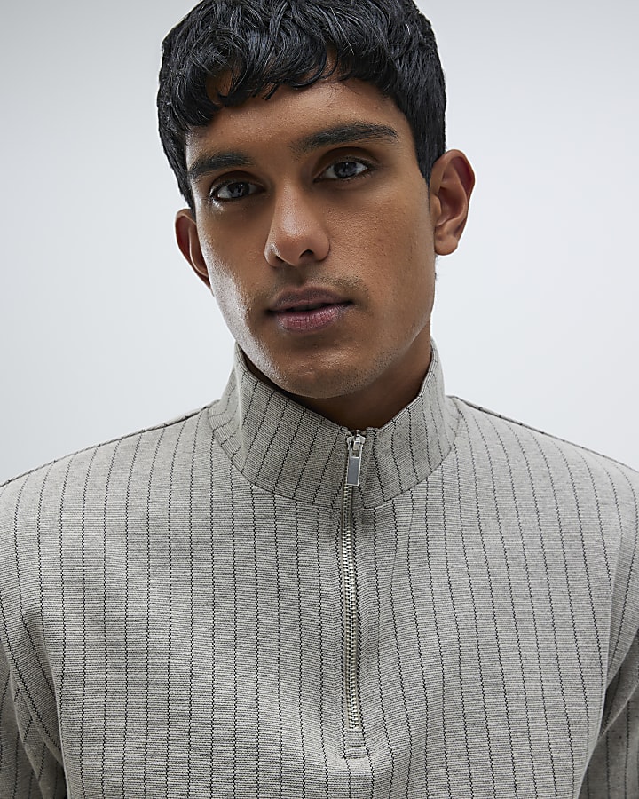 Stone Regular Fit Stripe Half Zip Sweatshirt