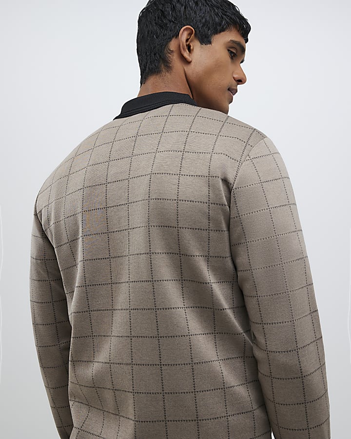 Beige Slim Fit Check Polo Shirt