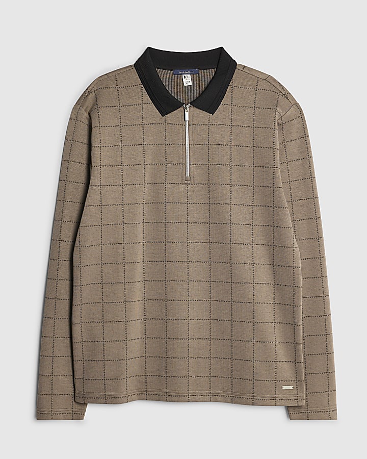 Beige Slim Fit Check Polo Shirt