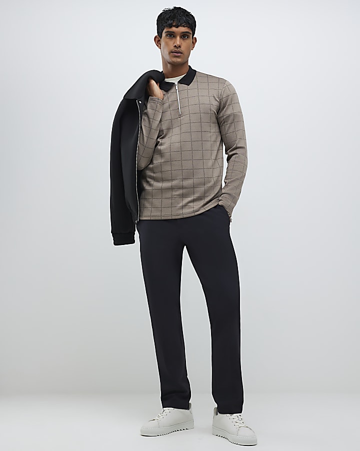 Beige Slim Fit Check Polo Shirt