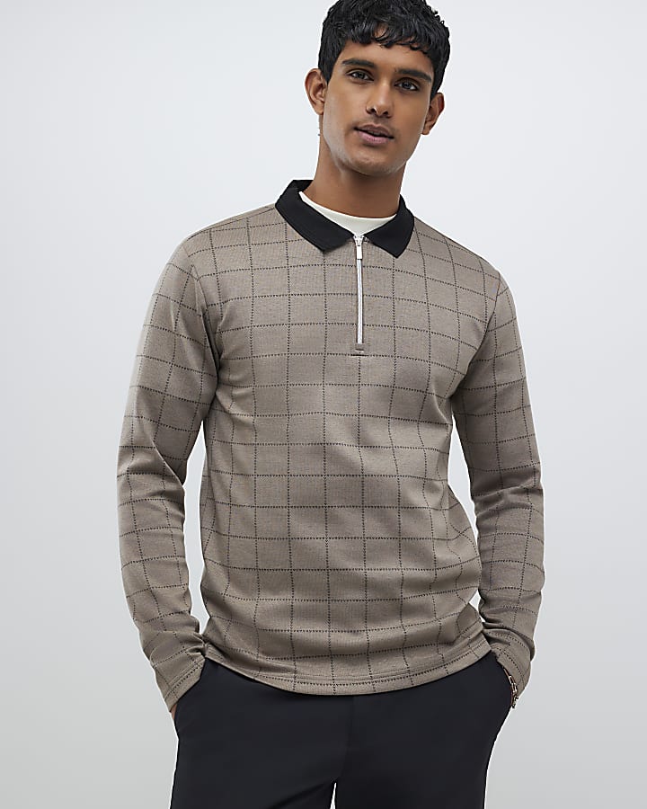 Beige Slim Fit Check Polo Shirt
