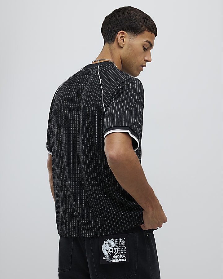 Black Regular Fit Pinstripe Football T-Shirt