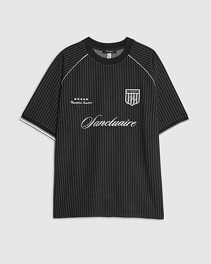 Black Regular Fit Pinstripe Football T-Shirt