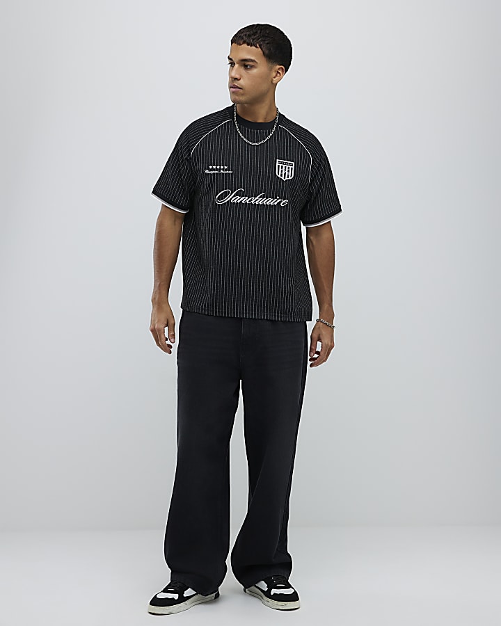 Black Regular Fit Pinstripe Football T-Shirt