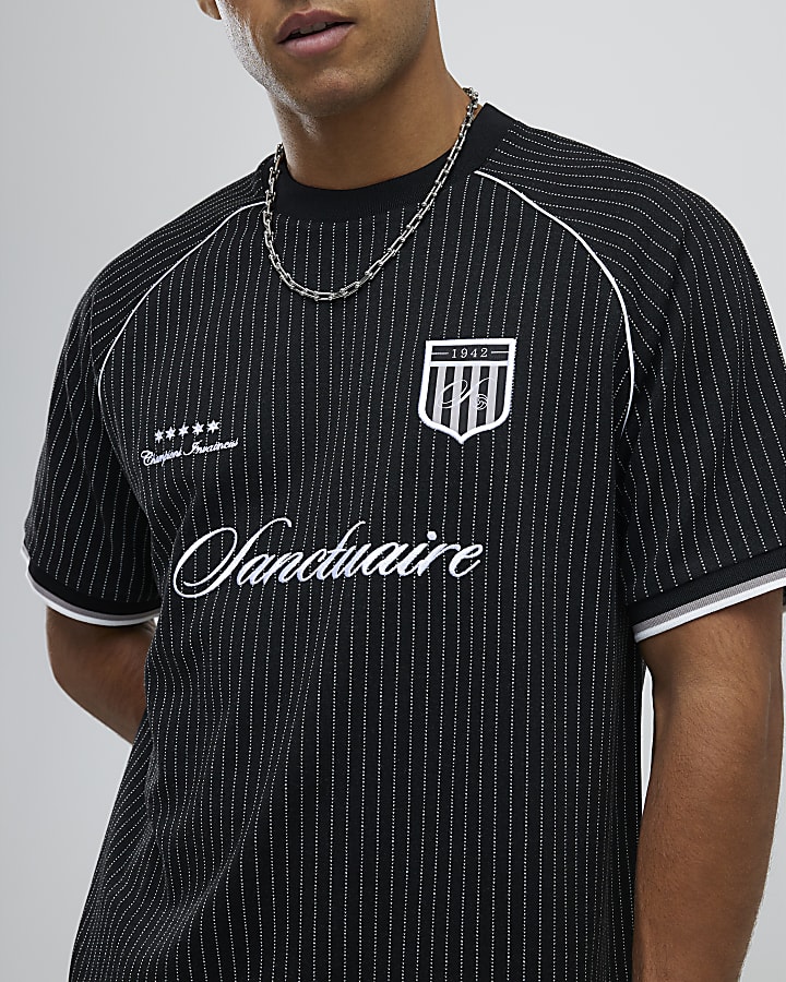 Black Regular Fit Pinstripe Football T-Shirt