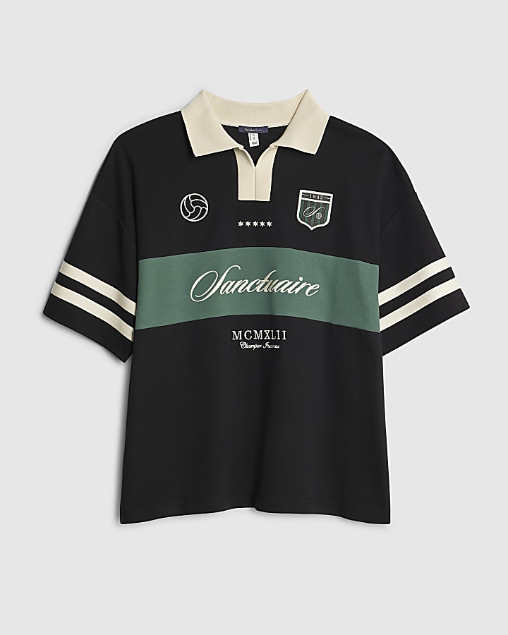Black Boxy Fit Football Polo Shirt