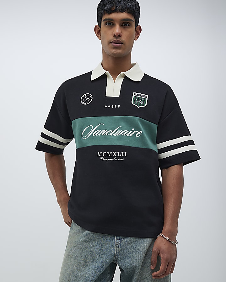 Black Boxy Fit Football Polo Shirt