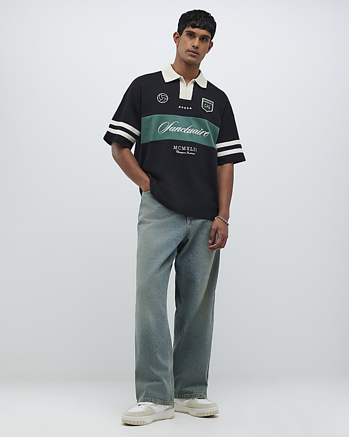 Black Boxy Fit Football Polo Shirt