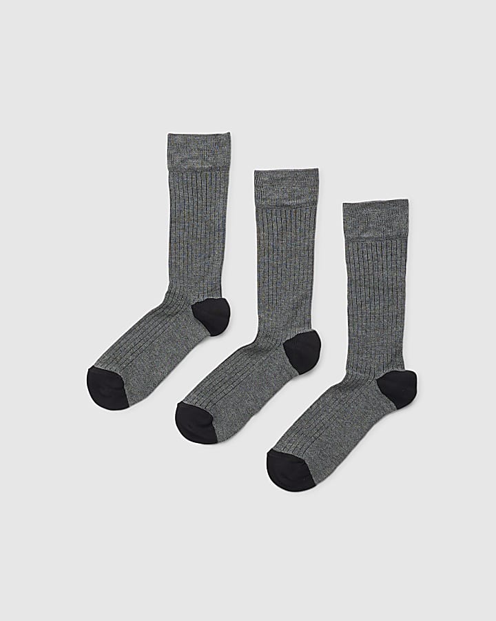 Grey Ribbed Pack Of 3 Socks