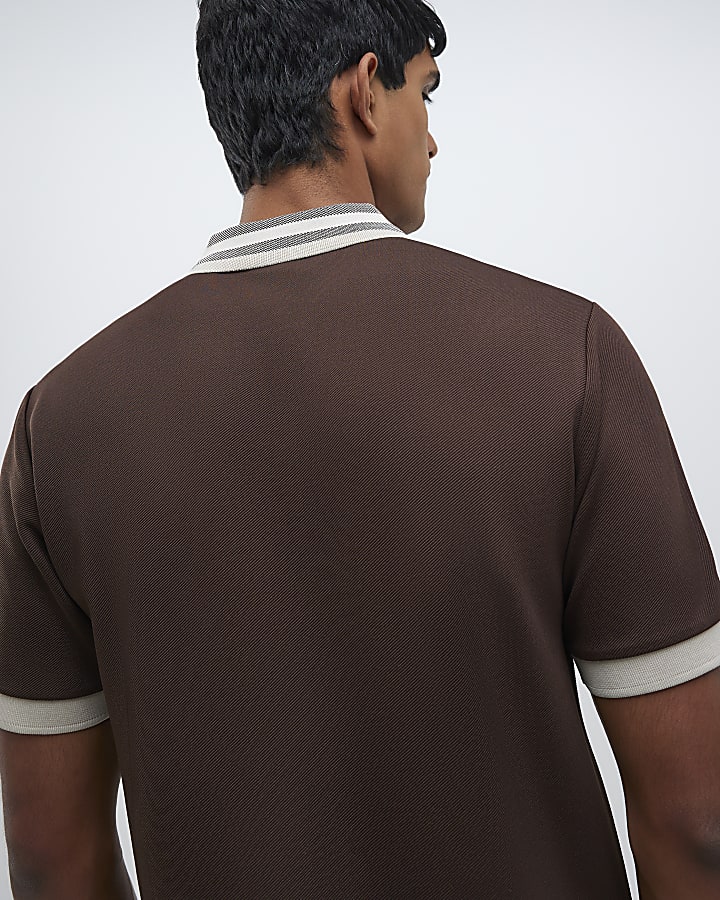 Brown Slim Fit Check Collar Polo Shirt