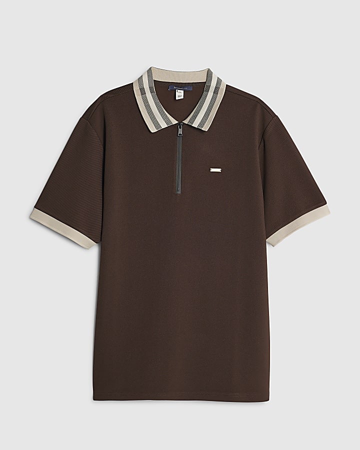 Brown Slim Fit Check Collar Polo Shirt