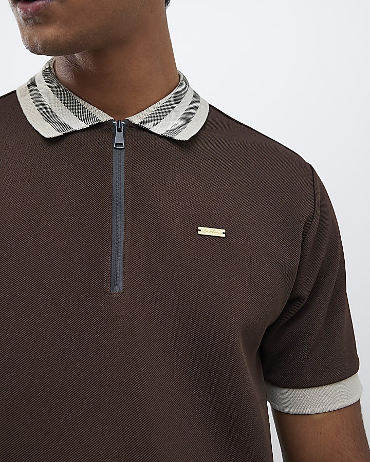Brown Slim Fit Check Collar Polo Shirt