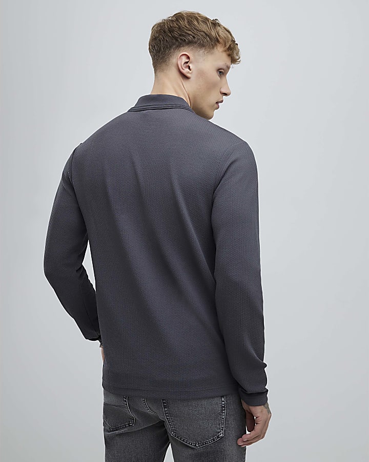 Grey Slim Fit Textured Polo Shirt