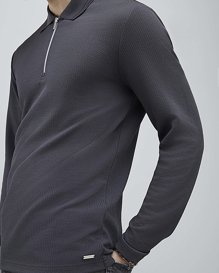 Grey Slim Fit Textured Polo Shirt