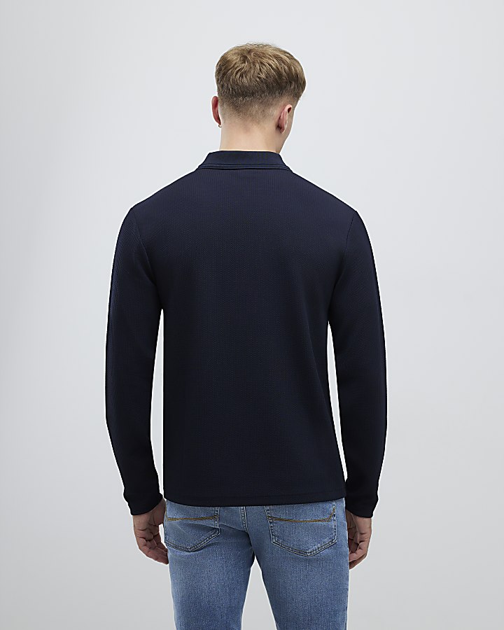 Navy Slim Fit Textured Zip Neck Polo Shirt