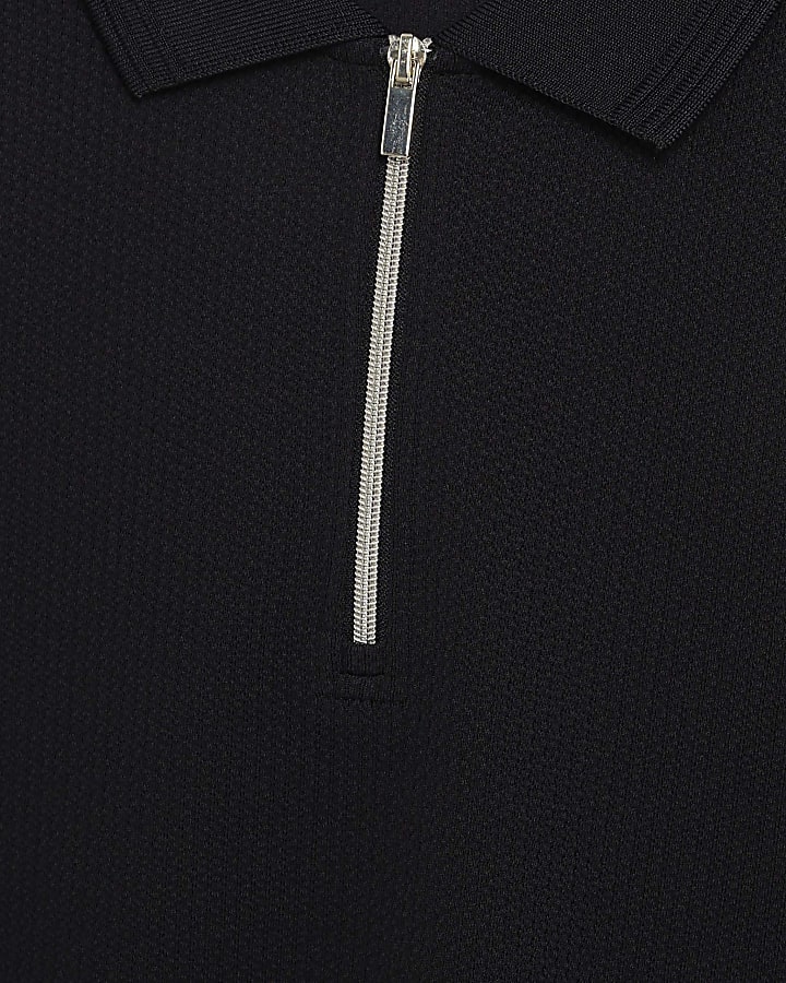 Navy Slim Fit Textured Zip Neck Polo Shirt