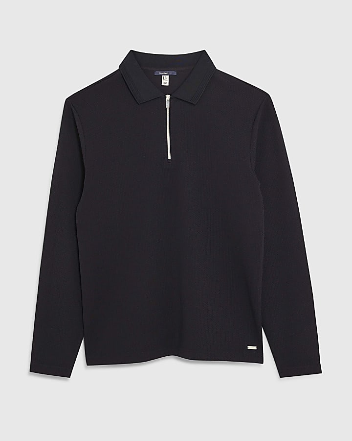 Navy Slim Fit Textured Zip Neck Polo Shirt