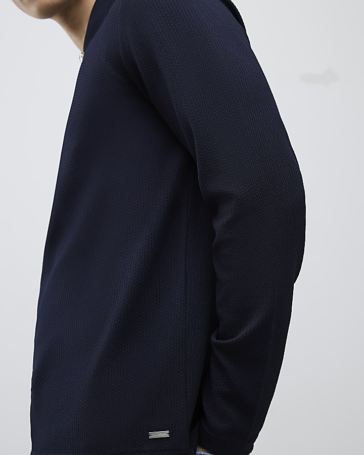 Navy Slim Fit Textured Zip Neck Polo Shirt