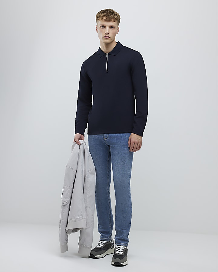Navy Slim Fit Textured Zip Neck Polo Shirt