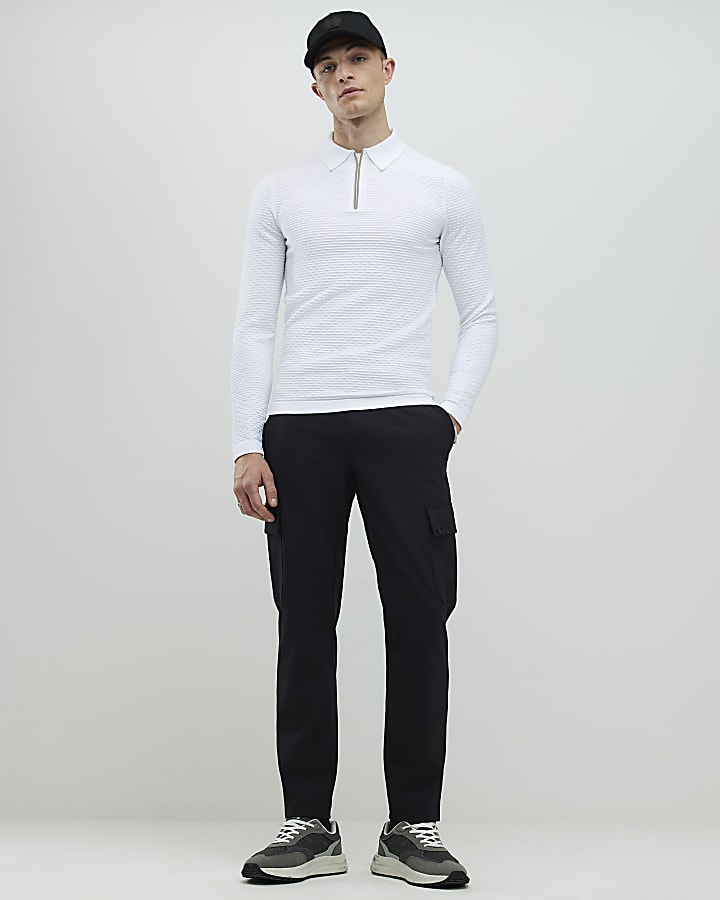 White Muscle Fit Hexagon Polo Shirt