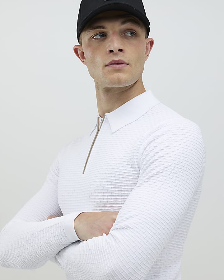 White Muscle Fit Hexagon Polo Shirt