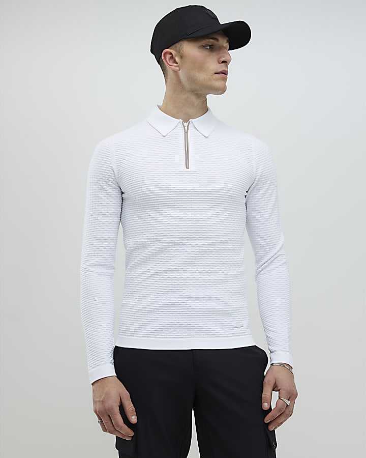 White Muscle Fit Hexagon Polo Shirt