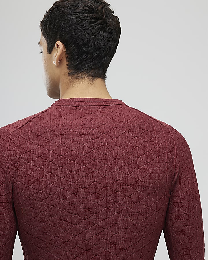 Red Muscle Fit Textured Jumper